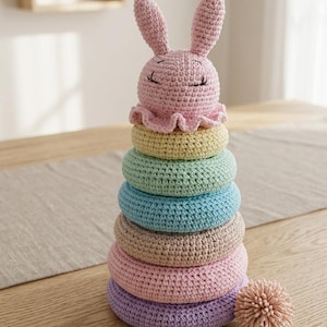 Patrón de ganchillo en PDF para juguete apilable de conejito, descarga digital de anillos apilables de amigurumi, juguete educativo para bebés, regalo para recién nacidos, decoración para la habitación del bebé.