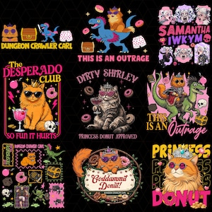 May include: A digital graphic sheet featuring nine distinct illustrations of cats, dinosaurs, and donuts with text including Dungeon Crawler Carl, This Is An Outrage, The Desperado Club, Dirty Shirley, and Princess Donut, all set against a black background.