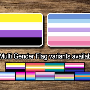 Puede incluir: Nueve variaciones de banderas de orgullo multigénero. Las banderas están dispuestas en dos filas. La fila superior presenta una bandera amarilla, blanca, morada y negra, una bandera amarilla, naranja, rosa y blanca, una bandera verde, blanca, azul y amarilla, y una bandera morada, blanca, negra y azul. La fila inferior presenta una bandera azul, blanca, rosa y amarilla, una bandera rosa, naranja, amarilla y blanca, una bandera morada, blanca, azul y amarilla, una bandera amarilla, blanca, morada y azul, y una bandera azul, naranja, blanca y azul. El texto "9 variantes de banderas multigénero disponibles" está debajo de las banderas.