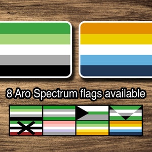 May include: Eight different aro spectrum flags, including the green, grey, and black aro flag, and the yellow, white, blue, and navy aro flag. The flags are displayed on a wooden background.
