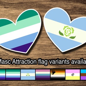 Masc Attraction Pride Flags: Gay, MLM, Bear, Twink, Achillean, Veldian/Turian, Andro, Queer, LGBTQIA, LGBTQ Heart-Shaped Kiss-Cut Stickers