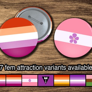 Fem Attraction Pride: Sunset Lesbian, Sapphic, Labrys, Butch, Femme, Gyno, Queer, LGBTQ, LGBT, LGBTQIA Pride Flag Pinback Buttons