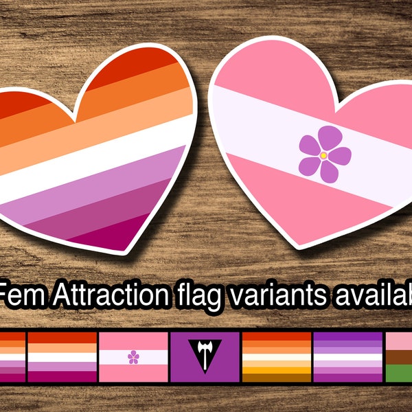 Fem Attraction Pride: Sunset Lesbian, Sapphic, Labrys, Butch, Femme, Gyno, Queer, LGBTQIA, LGBTQ, Heart-Shaped Kiss-Cut Stickers