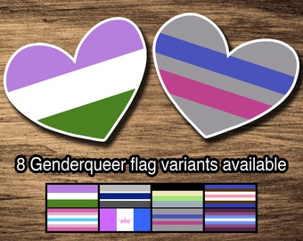May include: Two heart-shaped stickers with different variations of the genderqueer flag. The first sticker is lavender, white, and green. The second sticker is gray, blue, pink, and white. The text below the stickers reads "8 Genderqueer flag variants available".