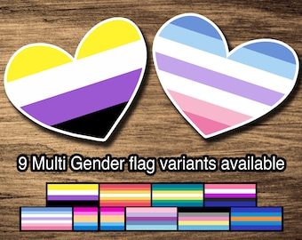 Múltiples géneros: no binario, género fluido, bigénero, enby, espejo, omnigénero, poligénero, multigénero, LGBTQ Pegatinas cortadas en forma de corazón con forma de beso