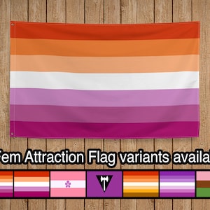 Fem Attraction Pride Flags: Sunset Lesbian, Sapphic, Labrys, Butch, Femme, Gyno, LGBT, Queer, One-Sided Print 34x56 inches