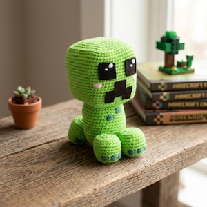 Könnte beinhalten: Ein handgefertigtes grünes Creeper-Plüschtier aus dem Videospiel Minecraft. Das Spielzeug hat schwarze quadratische Augen, einen schwarzen Mund und kleine rosa Wangen. Es sitzt auf einer Holzoberfläche in der Nähe einer kleinen Topfpflanze und eines Stapels Minecraft-Bücher.