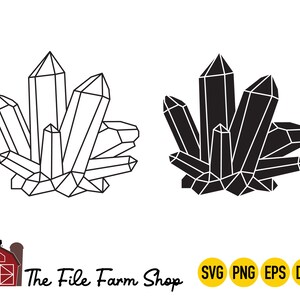 May include: A digital design file featuring two images of a crystal cluster. The first image is a black and white outline of the crystal cluster. The second image is a solid black silhouette of the crystal cluster. The file is available in SVG, PNG, EPS, and DXF formats.
