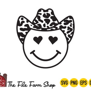 May include: Black and white line art illustration of a smiley face wearing a cowboy hat with a leopard print pattern. The smiley face has heart-shaped eyes.