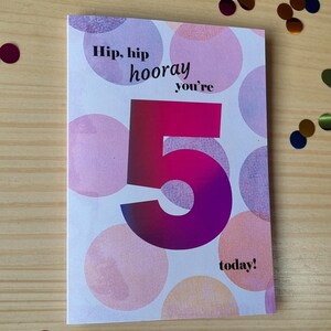 Age birthday greeting card with foil number and pink, purple and orange polka dots