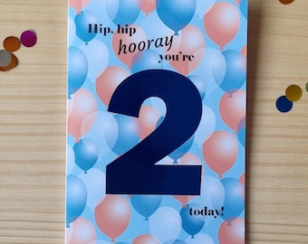 Age birthday greeting card with foil number and blue and orange balloons