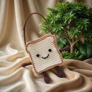 May include: A crocheted novelty purse shaped like a slice of toast, featuring a smiling face with black eyes and a curved mouth. The purse has brown arms, legs, and a handle. The toast-shaped purse is cream-colored with a brown crust.