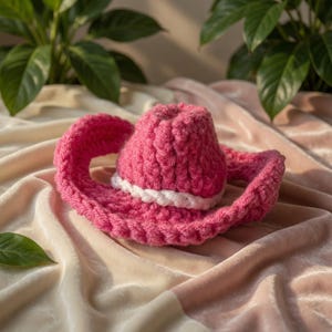 May include: A bright pink crochet cowboy hat with a white rope detail around the base of the crown. The hat is set against a backdrop of soft, pink and cream-colored fabric, with green foliage in the background. The hat's brim is curved.