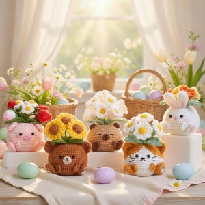 Paquete de patrones de ganchillo para macetas Blossom Critter, girasol, oso, fresa, cerdo, conejo, gato, amigurumi en PDF, juguetes kawaii para macetas