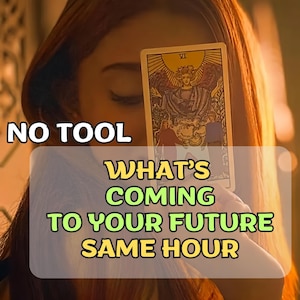 May include: A rectangular tarot card featuring the Roman numeral VI and an illustration of a winged figure hovering over two people. The text NO TOOL WHAT'S COMING TO YOUR FUTURE SAME HOUR is overlaid in yellow and white against a warm, golden background.