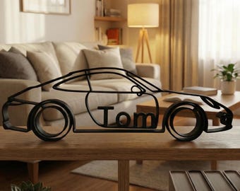 Personalized Sports Car Figurine | One Line Art 3D Printed Car Decoration with Name | Gift for Car Lovers & Men | Car Sculpture