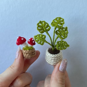 Miniature Monstera Plant,Crochet Monstera,Tiny Crochet Mushrooms,Miniature Crochet Mushroom,Micro Mushroom,Dollhouse  Garden,