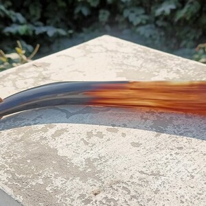 May include: A brown and black horn shoe horn with a leather loop. The horn is polished and has a natural grain.