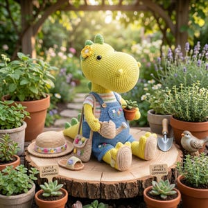 May include: A crocheted yellow dinosaur doll wearing blue overalls, a striped shirt, and a flower on its head, holding a small potted plant and a watering can. A straw hat and sandals sit nearby. The text "Little Grower's Companion" is on a sign.