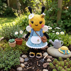 May include: A crocheted bee doll wearing a blue dress, apron, and a small brown purse. The bee has black and yellow stripes, white wings, and a flower on its head. Miniature crocheted garden accessories, including a watering can and hat, are nearby.
