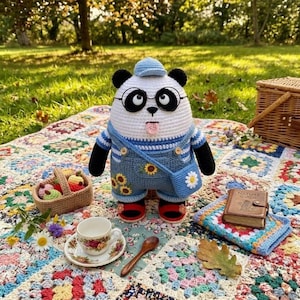 May include: A crocheted panda plush toy wearing a blue cap, blue overalls with sunflower embroidery, and black-rimmed glasses, with a small tongue sticking out. The panda is positioned on a colorful granny square blanket with a teacup and book.