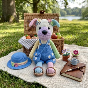 May include: A crocheted dog doll with a blue denim overall, a matching hat, and sandals, sitting on a blanket. A picnic basket with fruits and vegetables is in the background. Crochet flowers and a notebook with a pen are also present.