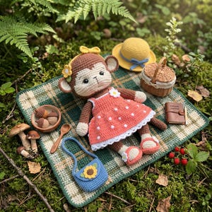 May include: A crocheted monkey doll wearing a coral dress with white polka dots, sandals, and a yellow bow. A picnic scene includes a small basket, hat, blanket, purse, and journal. The doll is brown and cream colored.