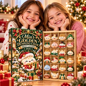 May include: A 2026 Mia's Golden Dumpling Cheer advent calendar featuring a festive box with a smiling dumpling character and twenty-four small, decorative dumpling ornaments in a grid tray, each with unique holiday-themed accessories.