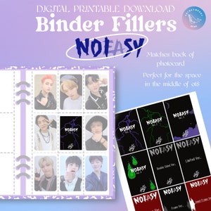 Może przedstawiać: Cyfrowy plik do pobrania z wypełniaczami do segregatorów z obrazami grupy K-pop o nazwie NOEASY. Obrazy są w formacie siatki i zawierają zdjęcia członków grupy oraz okładki albumów. Tekst "NOEASY" jest napisany pogrubioną, stylizowaną czcionką.