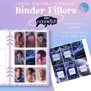 Pode incluir: Preenchimentos de fichário digitais e imprimíveis com o texto "Binder Fillers" e "CLÉ: LEVANTER". O design inclui imagens de pessoas e capas de álbuns. As capas dos álbuns têm o texto "LEVANTER" e vários nomes de versões.