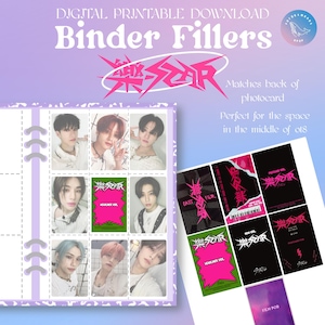 Pode incluir: Preenchimentos de fichário imprimíveis digitais com um design rosa e preto e o texto "樂SCAR". A imagem inclui designs de cartões fotográficos e fotos de pessoas. O texto "HEADLINER VOL" é visível em alguns cartões.