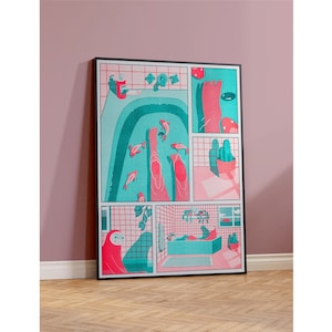 Riso Print Badezimmer Risographie Druck Wandbilder Badezimmer Fische Siebdruck Athmosphärisches Poster Türkis Neon Rot Fluo ilustração