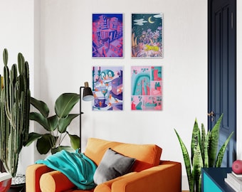 Einzigartige Kunstwerke für dein Zuhause: Gallery Wall Art Set mit zeitgenössischen Risographie Drucken und leuchtenden Farben