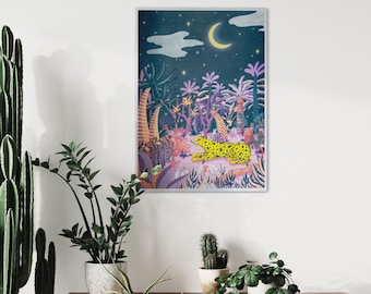 Oase mit Leopard und tropischem Jungle / Pflanzen und Blumen Risographie Print / Riso Print Wall Decor Art A3 Neon Elemente Gallery Wall