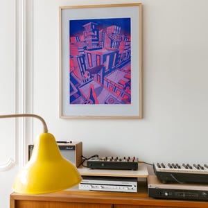 Koi Nobori Print Wall Art Japanische Drachen bei Sonnenuntergang in der City Riso Print Wall Decor Risograph A3 Neon Elemente Gallery Wall