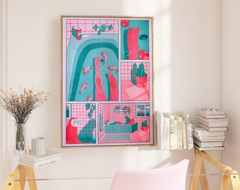 Riso Print Badezimmer Risographie Druck Wandbilder Badezimmer Fische Siebdruck Sfeervolle Poster Türkis Neon Rode Fluo Illustratie