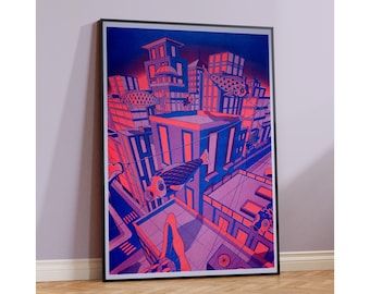 Koi Nobori Print Wall Art Japanische Drachen bei Sonnenuntergang in der City Riso Print Wall Decor Risograph A3 Neon Elemente Gallery Wall