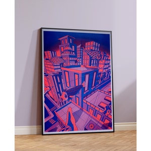 Koi Nobori Print Wall Art Japanische Drachen bei Sonnenuntergang in der City Riso Print Wall Decor Risograph A3 Neon Elemente Gallery Wall