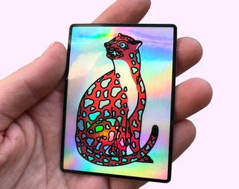 Holographischer Sticker mit buntem Leoparden – spiegelnder Vinyl Aufkleber für Laptop und Smartphone