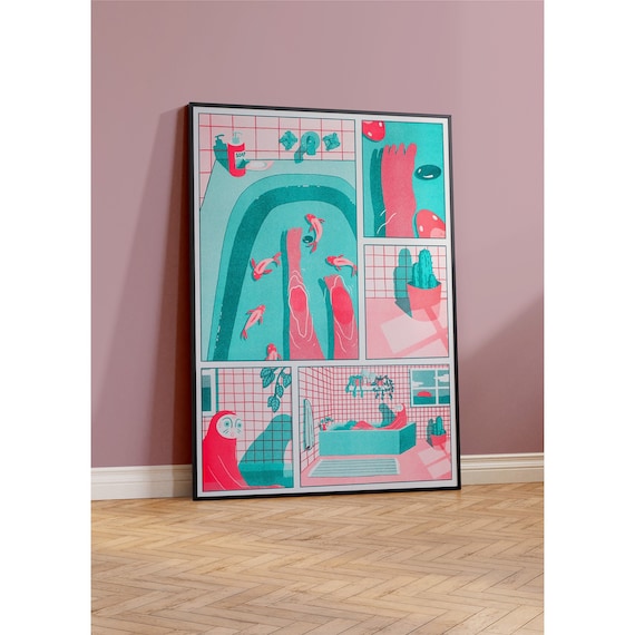 Riso Print Badezimmer Risographie Druck Wandbilder Badezimmer Fische Siebdruck Athmosphärisches Poster Türkis Neon Rot Fluo Illustration