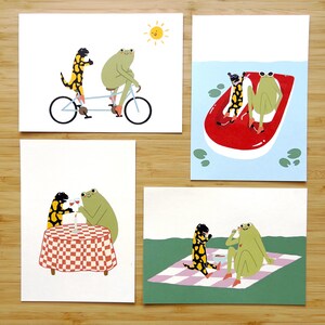 Frosch und Salamander mögen Spaghetti Picknick und Tretboot fahren – Lustiges Grußkarten Set mit süßen Illustrationen auf Naturkarton