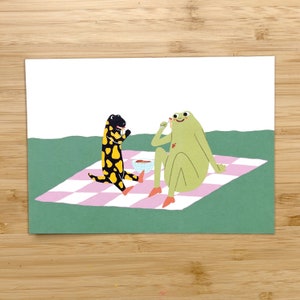 Spaghetti Picknick – süße Frosch Grußkarte für Freunde und Familie – lustige Karte mit handgefertigter Illustration
