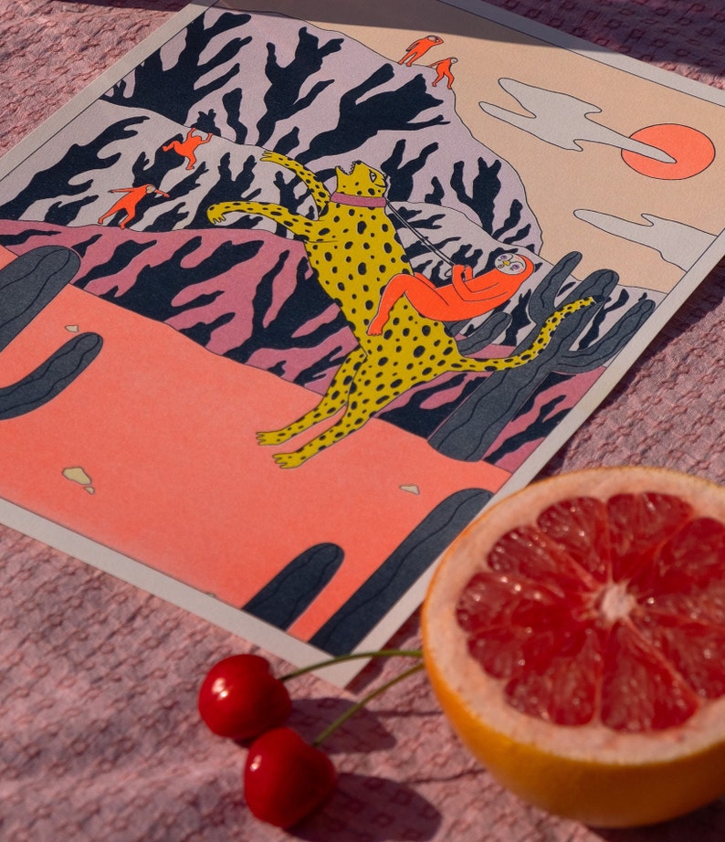 Estampado de leopardo Gepard Risograph Wand Kunst Riso Siebdrucke Neues Zuhause Sommer Geschenk imagen 8