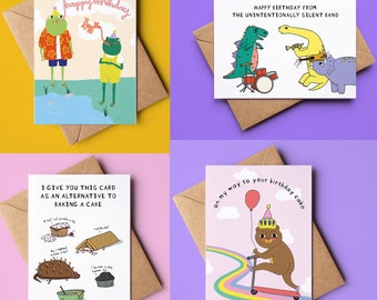 Geburtstagskarte Tier Dino Set für Freunde und Familie süße Karte lustig Comic Kuchen relatable mit Umschlag Meme Illustration
