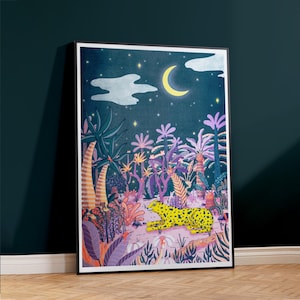 Oase mit Leopard und tropischem Dschungel – Pflanzen und Blumen Riso Print – Wand Dekoration Risographie Kunst in A3 mit Neon Elementen