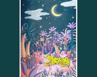 Oase mit Leopard und tropischem Jungle | Pflanzen und Blumen Risographie Print | Riso Print Wall Decor Art A3 Neon Elemente Gallery Wall