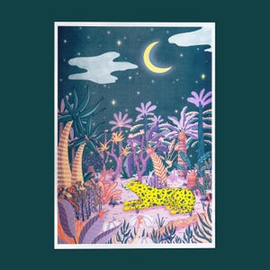May include: A yellow and black leopard walks through a lush, colorful jungle at night. The sky is dark blue with a crescent moon and stars. The jungle is filled with tall, leafy plants and flowers in shades of pink, purple, and green.