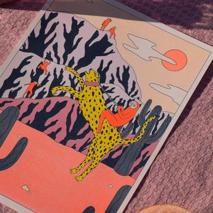 Estampado de leopardo Gepard Risograph Wand Kunst Riso Siebdrucke Neues Zuhause Sommer Geschenk imagen 7
