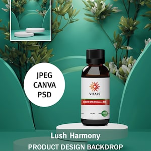 Op de afbeelding: Een productmockup met een fles vloeibaar EPA/DHA 1200 MG supplement met een wit etiket en een groen-wit sterlogo. De fles staat op een wit platform met een groene achtergrond. De tekst "Lush Harmony" en "PRODUCT DESIGN BACKDROP" wordt onder het platform weergegeven.