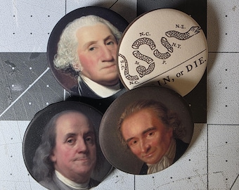 Founding Fathers Pin Set – George Washington, Ben Franklin, Thomas Paine, Join or Die – Political History Buttons, Handmade 1.25''